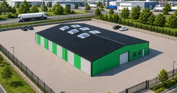 Hala BSE G2/3MW — widok ukośny, strefa przemysłowa