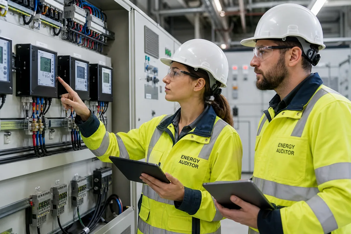 Dwoje audytorów energetycznych sprawdza wskazania mierników w rozdzielni elektrycznej